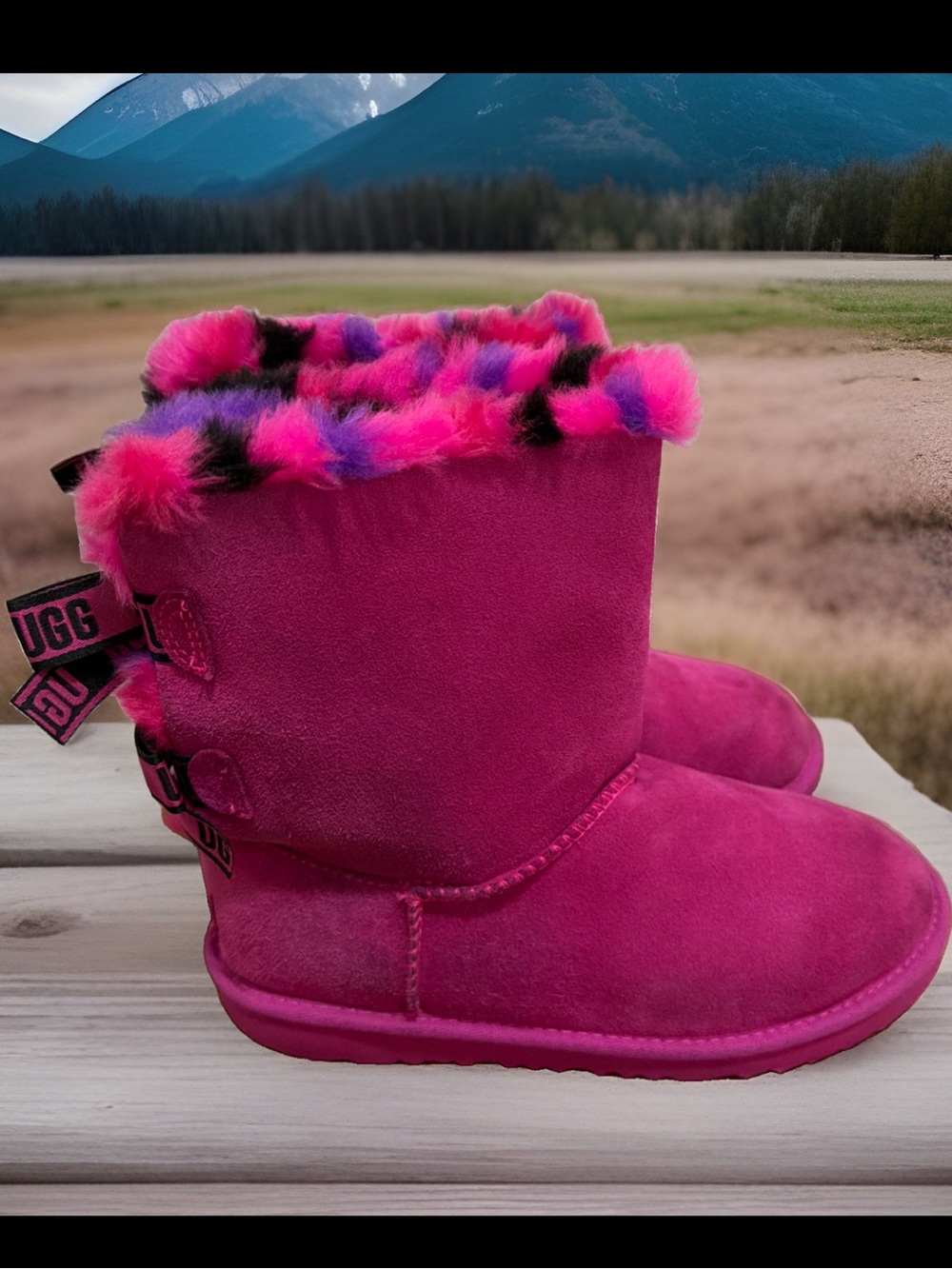 UGG Bailey Bow Plaid Punk Pink Casual Mid Calf Pull On Boots Women's Size 6